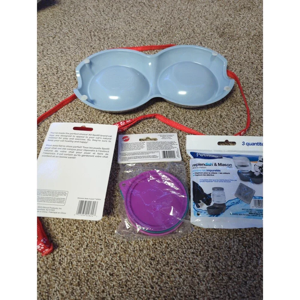 Lot of 5 Cat Supplies New or Like New - Dish, Collar, Leash, Ball Toys, Can Lids